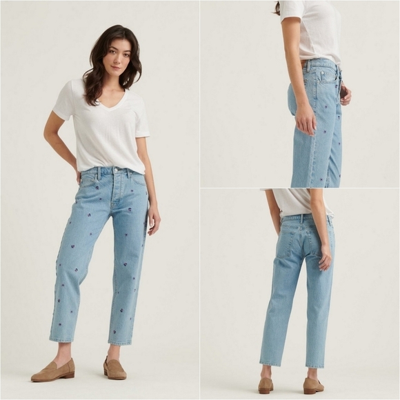 LUCKY BRAND Relaxed Tapered High Rise Full Button Fly Embroidered Floral Jeans - Picture 1 of 10